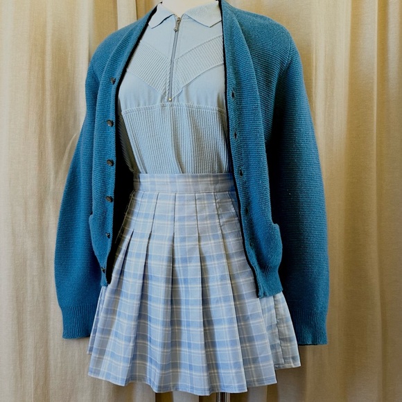 Blue Knit Cardigan – 60s Varsity Style with Pockets & Black Piping - Picture 2 of 5